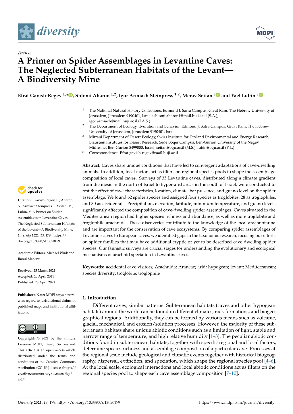 A Primer on Spider Assemblages in Levantine Caves: the Neglected Subterranean Habitats of the Levant— a Biodiversity Mine