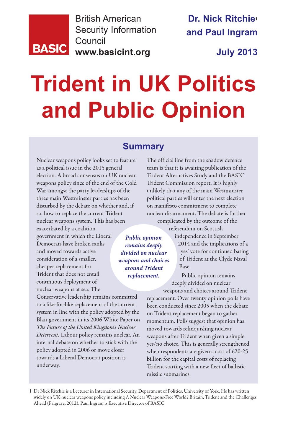 Trident in UK Politics and Public Opinion