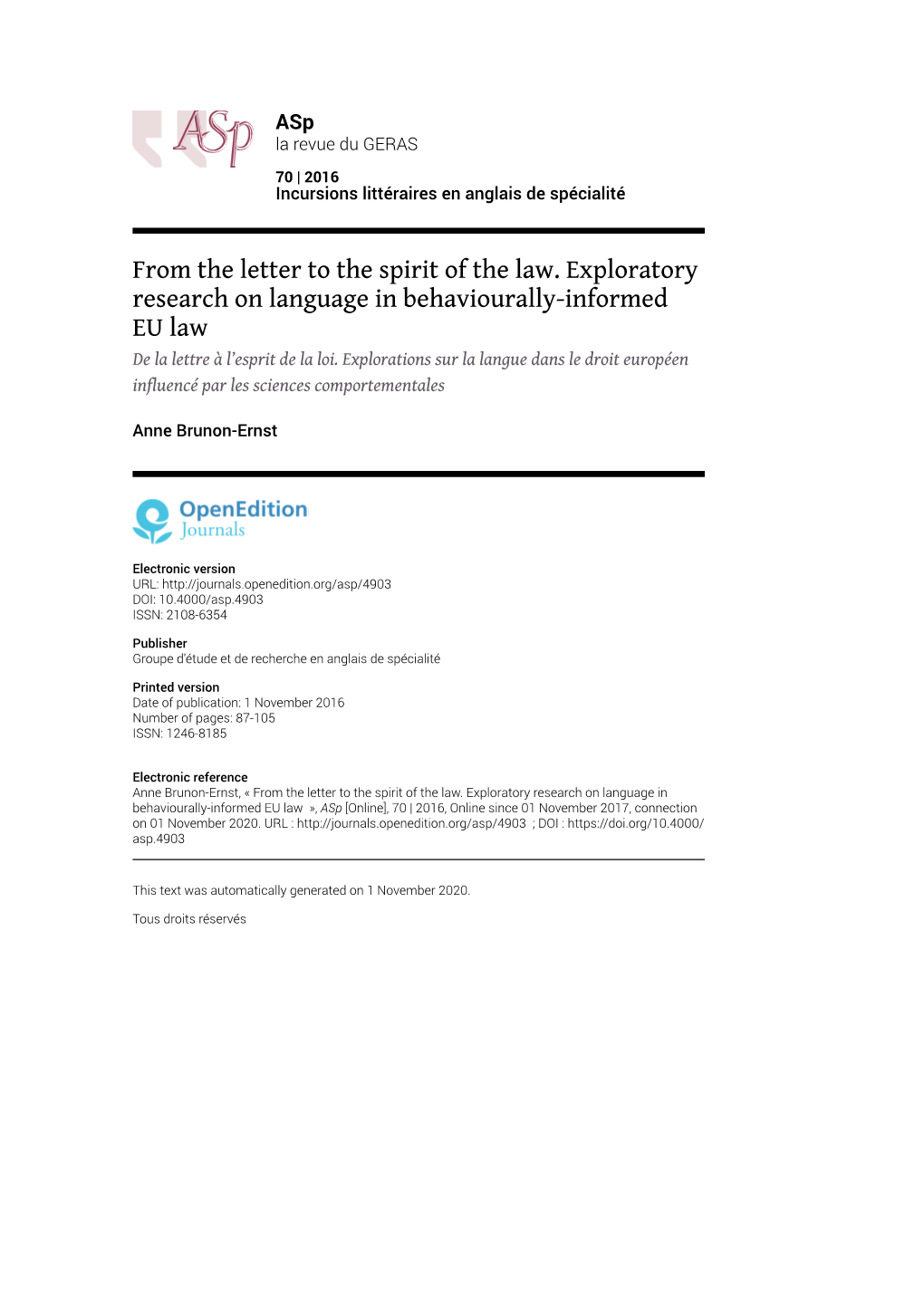 From the Letter to the Spirit of the Law. Exploratory Research on Language in Behaviourally-Informed EU Law De La Lettre À L’Esprit De La Loi