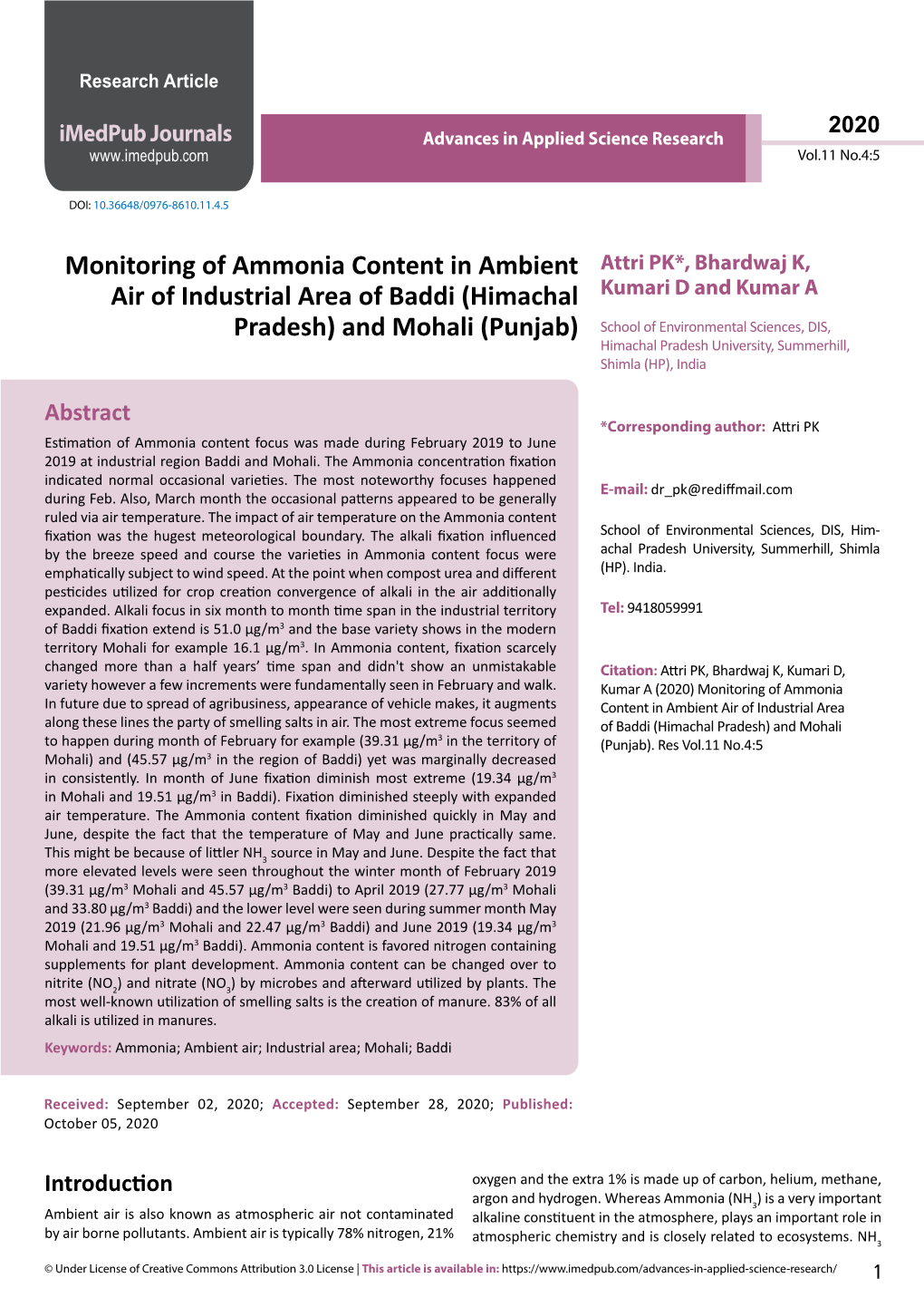 Monitoring of Ammonia Content in Ambient Air of Industrial Area of Baddi