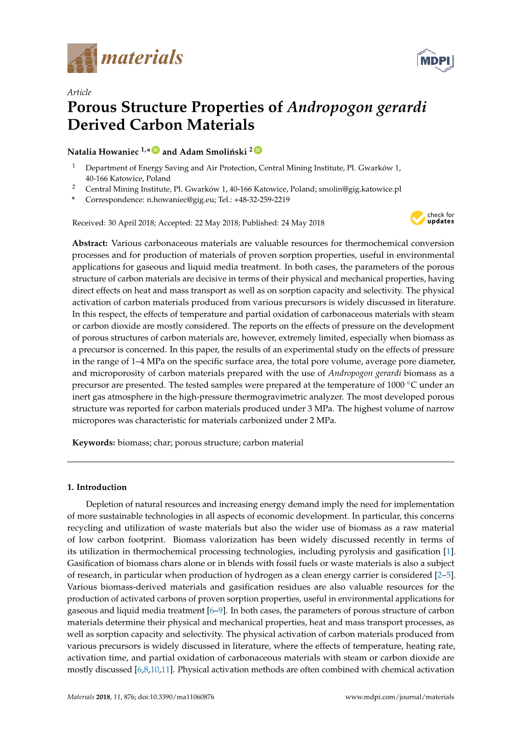 Porous Structure Properties of Andropogon Gerardi Derived Carbon Materials