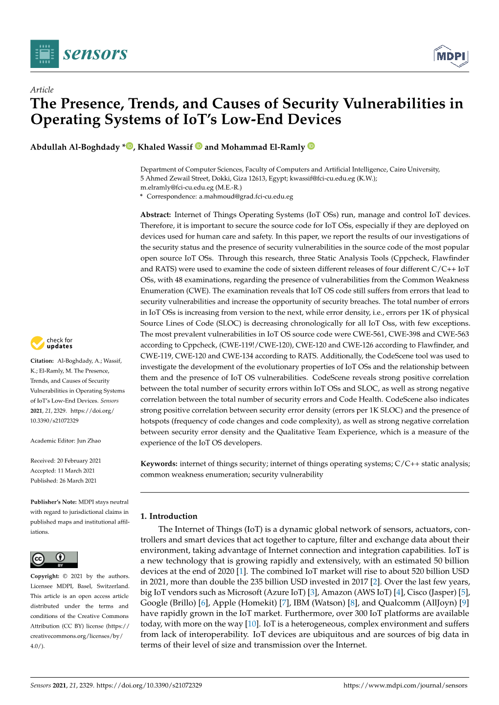 The Presence, Trends, and Causes of Security Vulnerabilities in Operating Systems of Iot’S Low-End Devices
