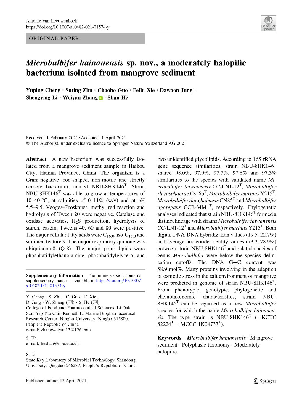 Microbulbifer Hainanensis Sp. Nov., a Moderately Halopilic Bacterium Isolated from Mangrove Sediment