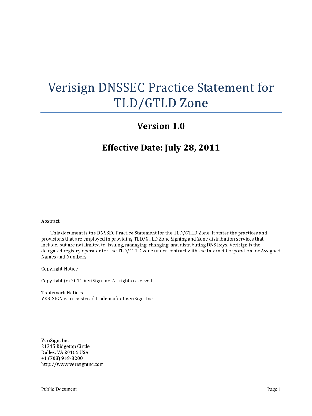 Verisign DNSSEC Practice Statement for TLD GTLD Zone