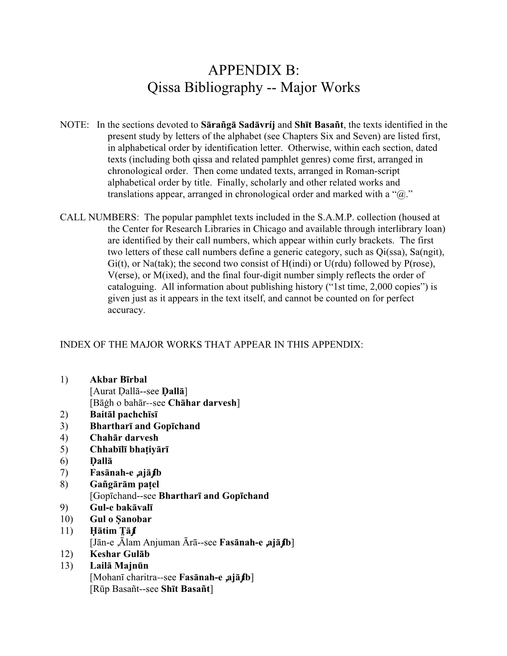 APPENDIX B: Qissa Bibliography -- Major Works