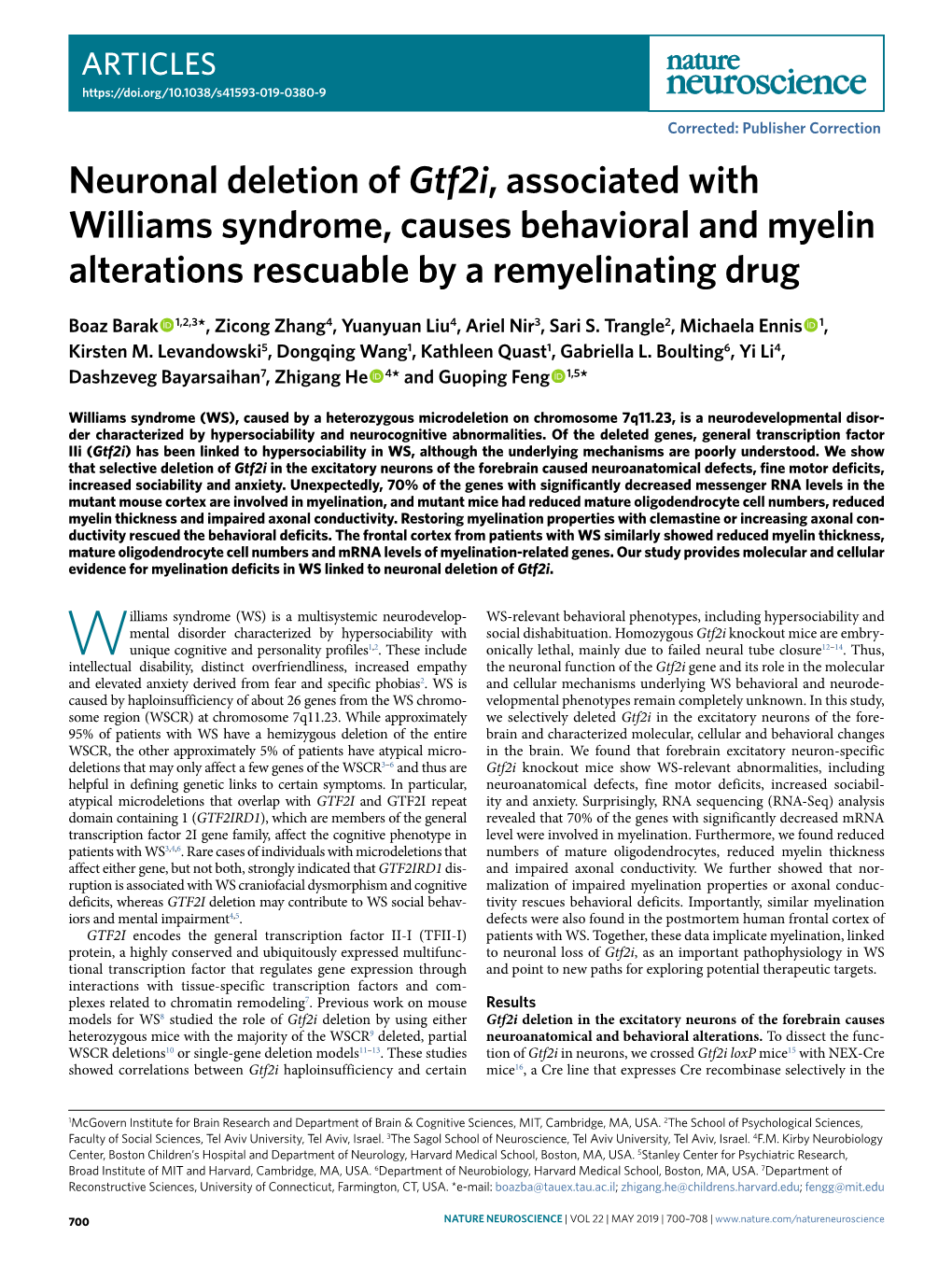 Neuronal Deletion of Gtf2i, Associated with Williams Syndrome, Causes Behavioral and Myelin Alterations Rescuable by a Remyelinating Drug