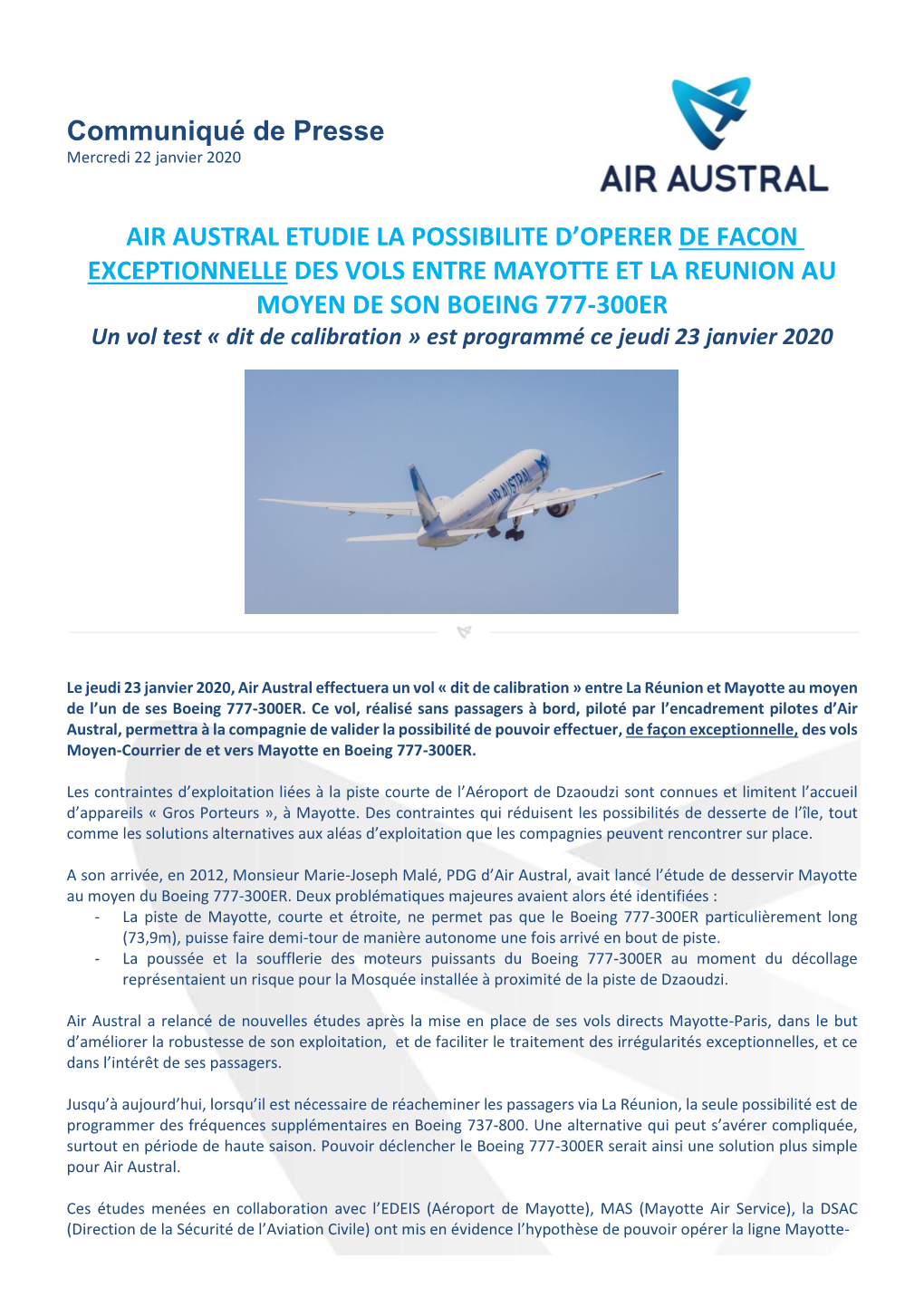 Air Austral Etudie La Possibilite D'operer De