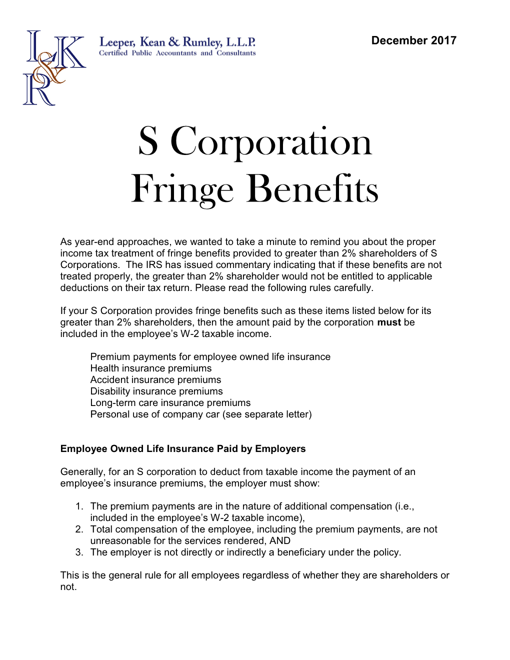 S Corporation Fringe Benefits