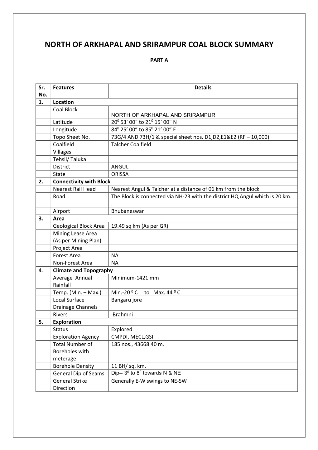 North of Arkhapal and Srirampur Coal Block Summary