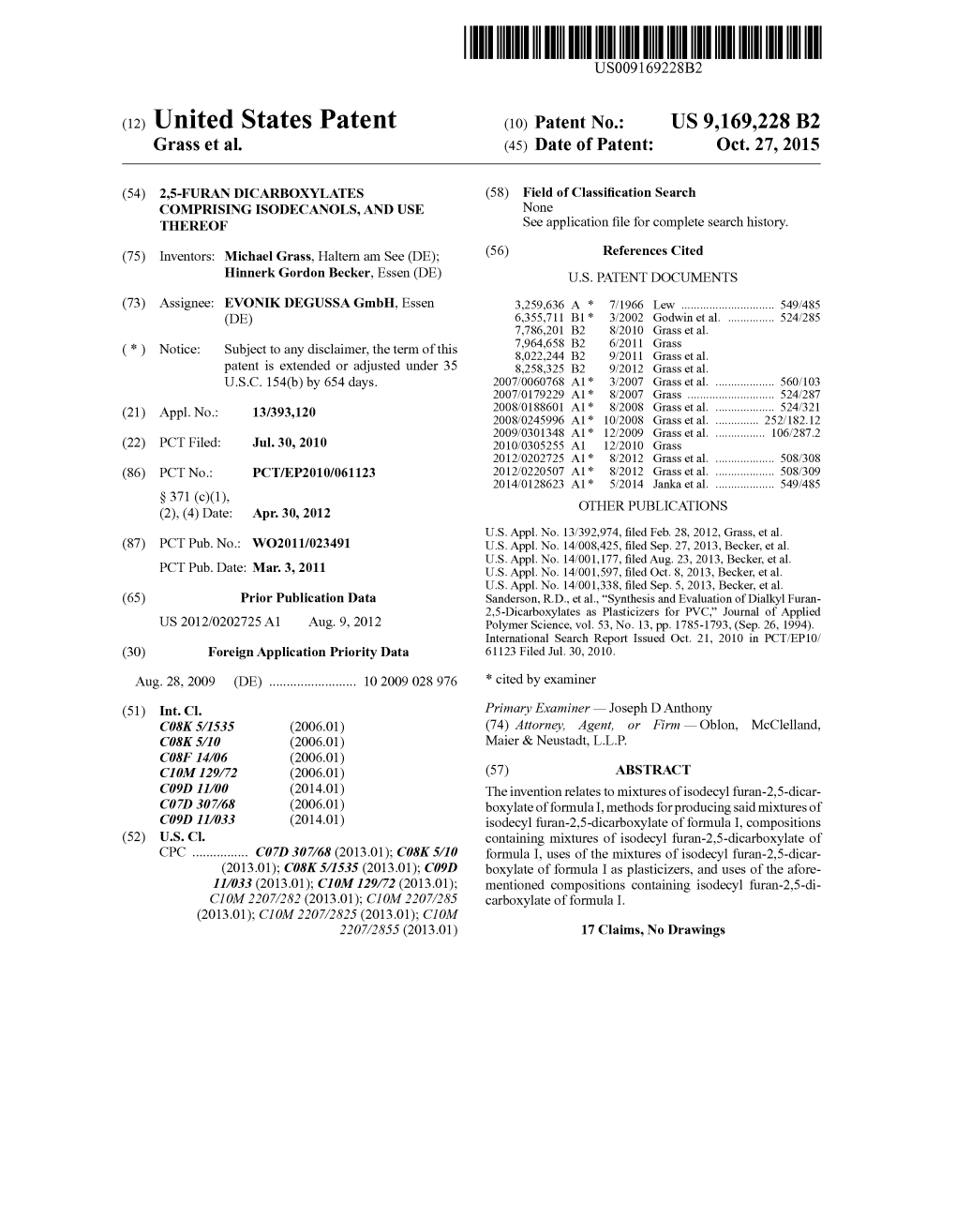 (12) United States Patent (10) Patent No.: US 9,169,228 B2 Grass Et Al