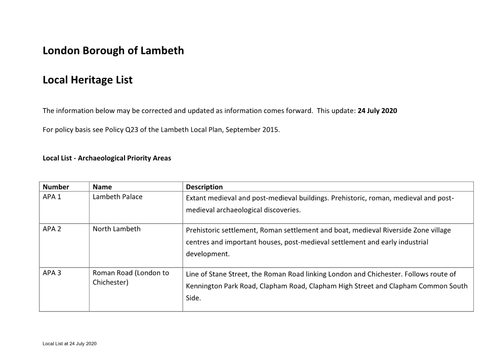 London Borough of Lambeth Local Heritage List