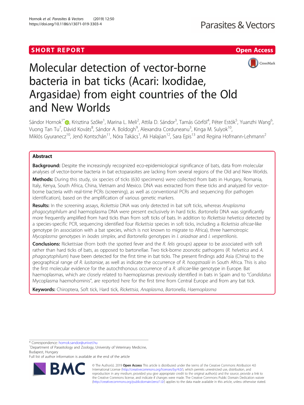 Molecular Detection of Vector-Borne Bacteria in Bat Ticks (Acari: Ixodidae, Argasidae)