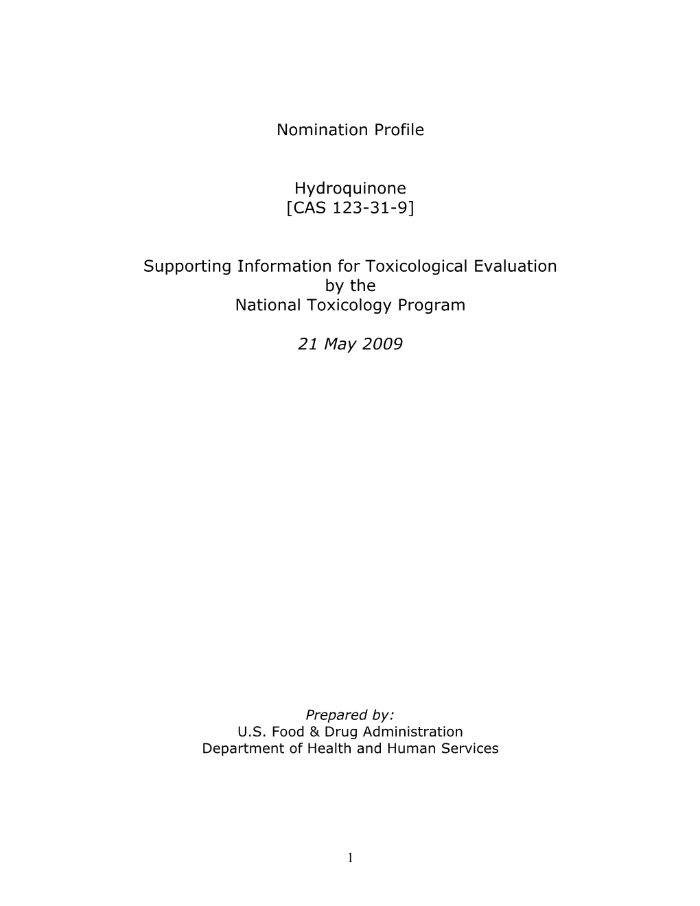 Background Document for Hydroquinone; May 21, 2009