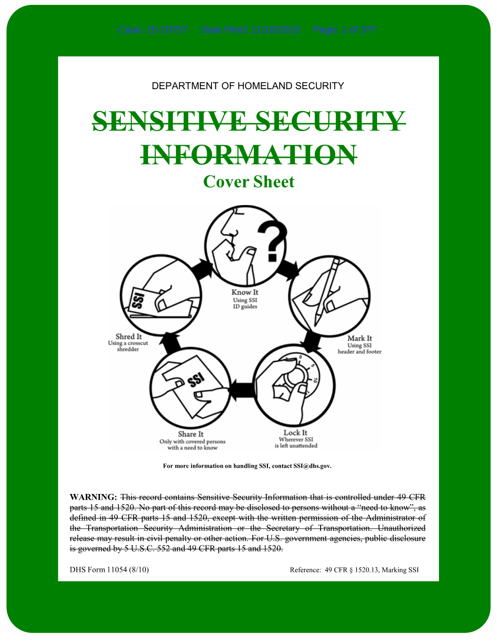 SENSITIVE SECURITY INFORMATION Cover Sheet