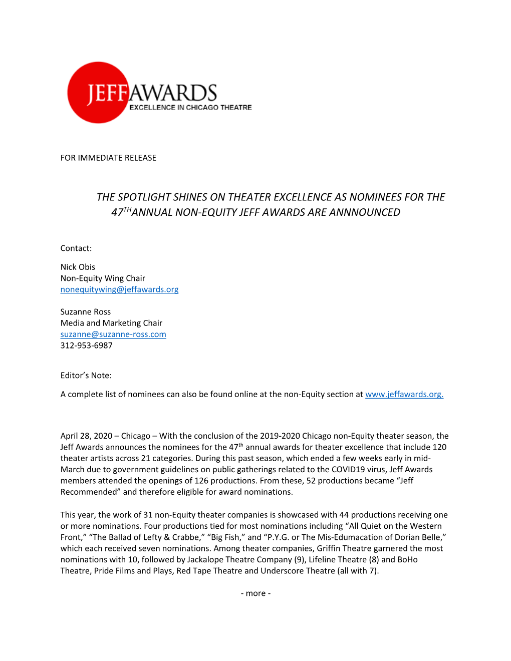 The Spotlight Shines on Theater Excellence As Nominees for the 47Thannual Non-Equity Jeff Awards Are Annnounced