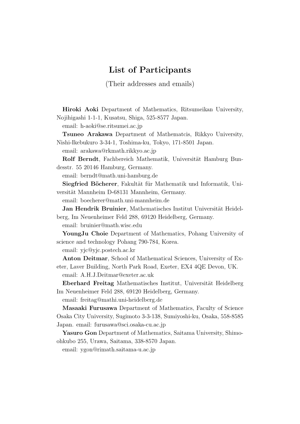 List of Participants (Their Addresses and Emails)