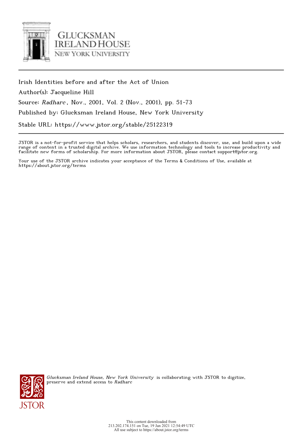 Irish Identities Before and After the Act of Union Author(S): Jacqueline Hill Source: Radharc , Nov., 2001, Vol