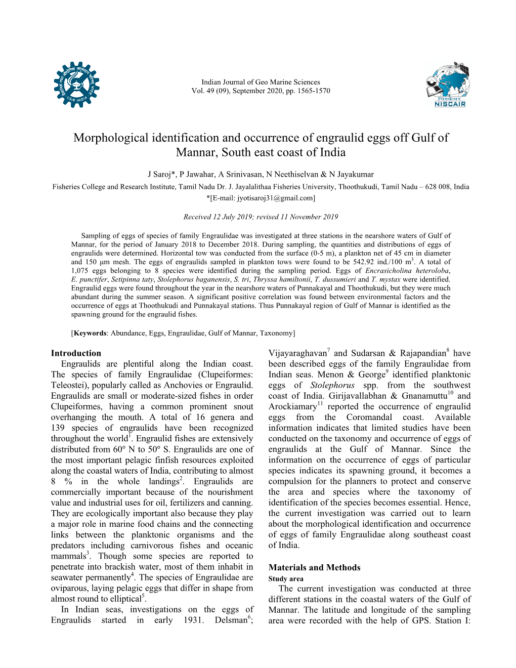 Morphological Identification and Occurrence of Engraulid Eggs Off Gulf of Mannar, South East Coast of India