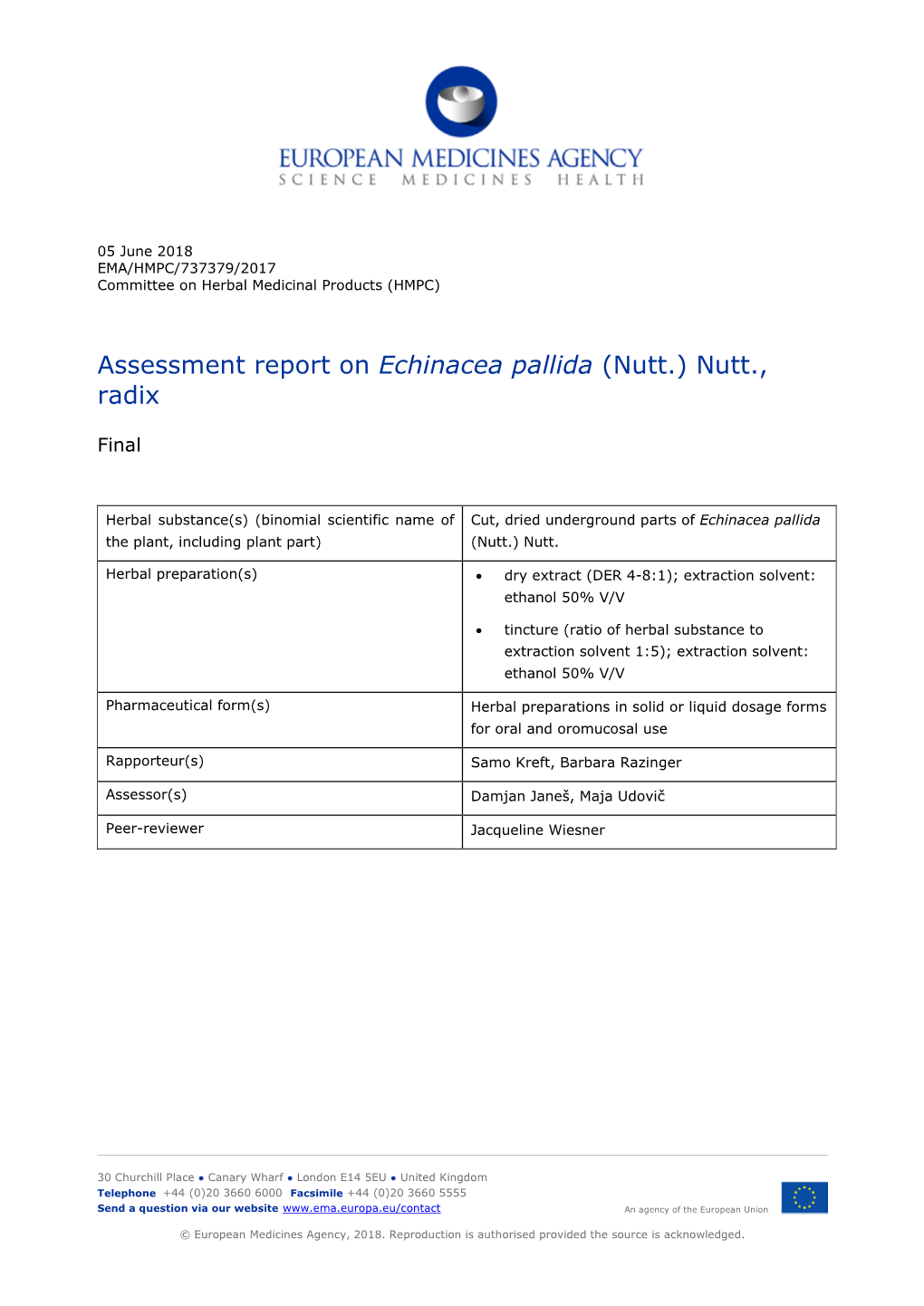 Assessment Report on Echinacea Pallida (Nutt.) Nutt., Radix