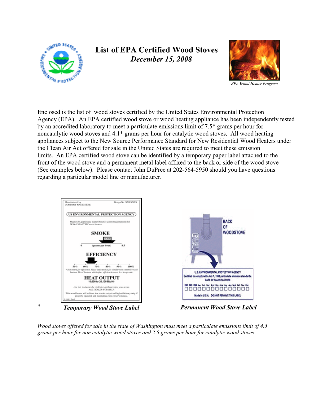 List of EPA Certified Wood Stoves December 15, 2008
