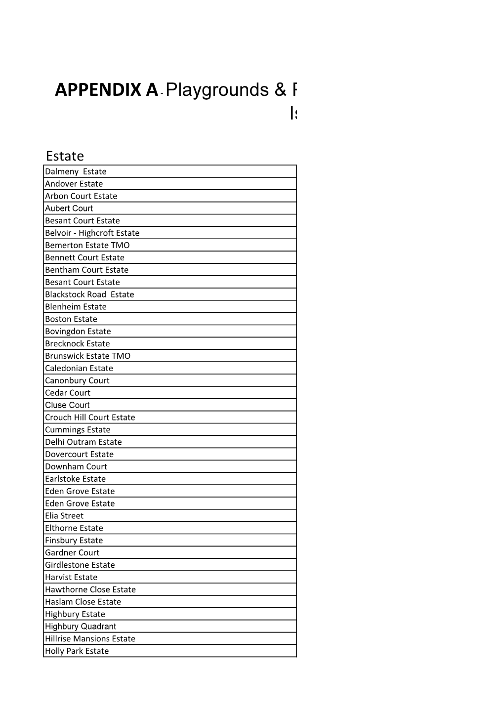 APPENDIX A- Playgrounds & Play Equipm Islington