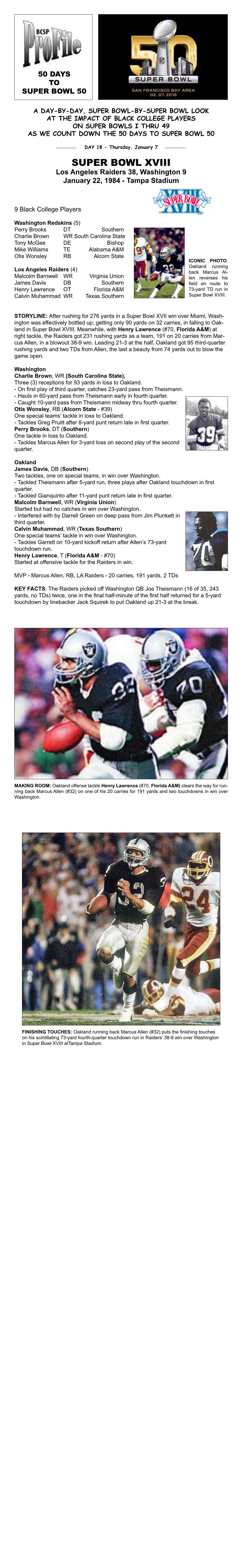Super Bowl XVIII Los Angeles Raiders 38, Washington 9 January 22, 1984 - Tampa Stadium