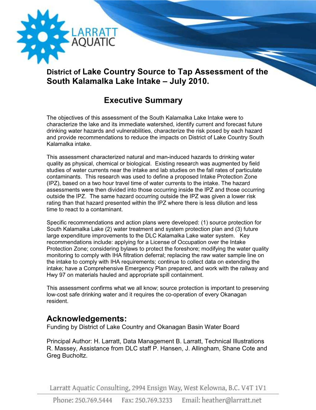 Source to Tap Assessment of South Kalamalka Lake Intake
