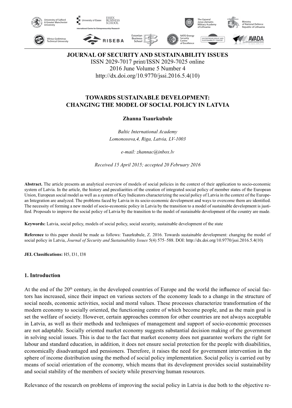 Towards Sustainable Development: Changing the Model of Social Policy in Latvia