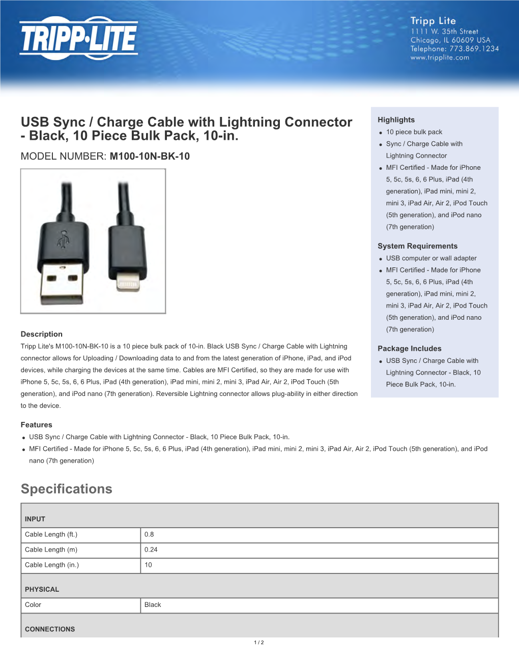 USB Sync / Charge Cable with Lightning Connector Highlights - Black, 10 Piece Bulk Pack, 10-In