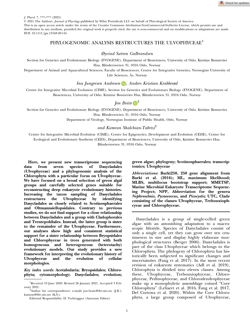 Phylogenomic Analysis Restructures the Ulvophyceae1