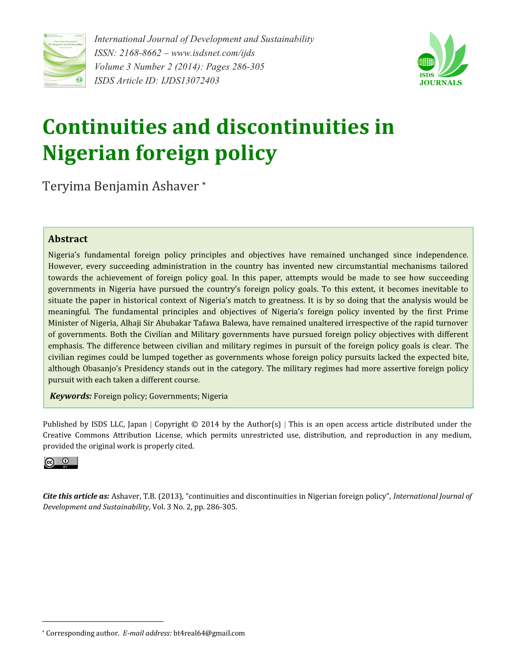 Continuities and Discontinuities in Nigerian Foreign Policy