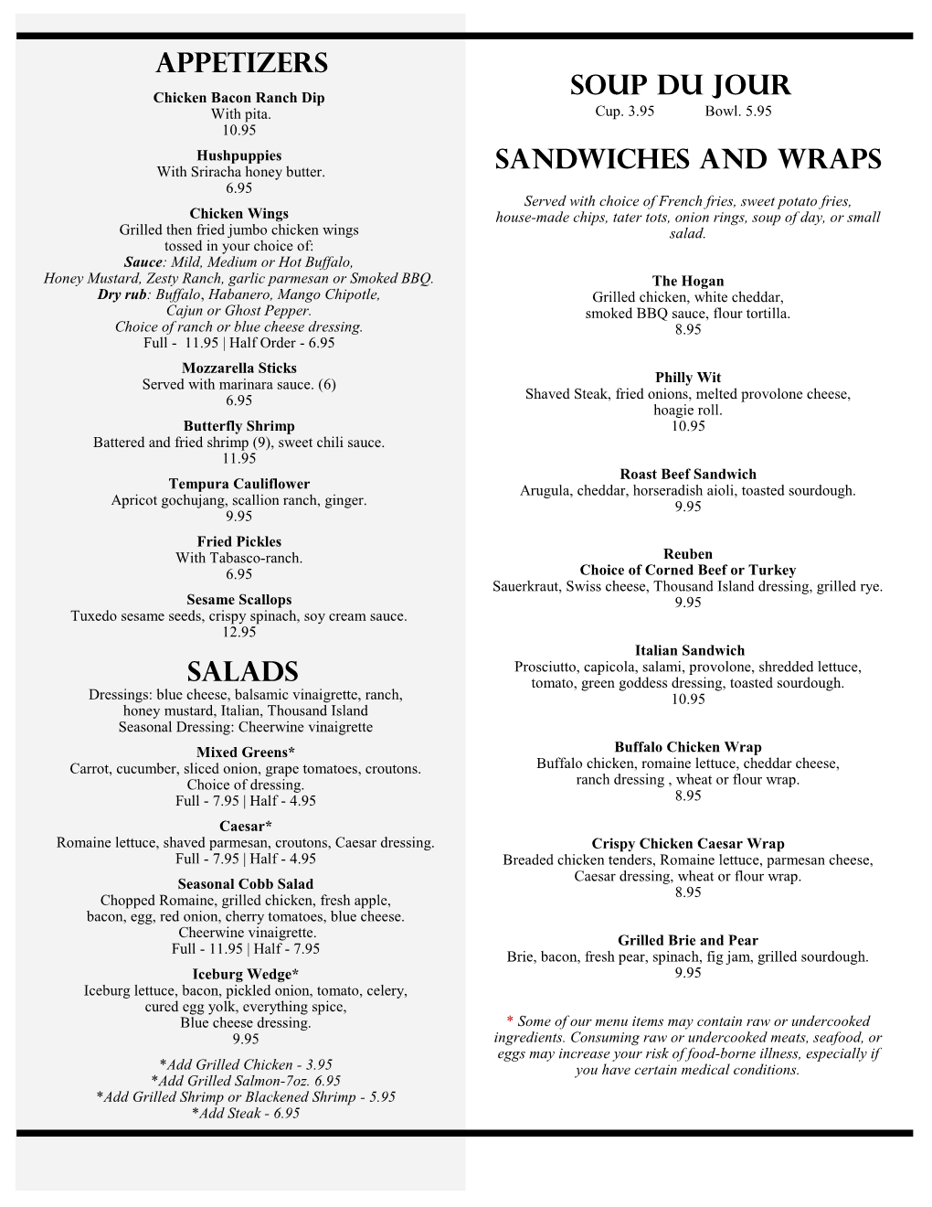 APPETIZERS SOUP Du Jour SALADS SANDWICHES and Wraps