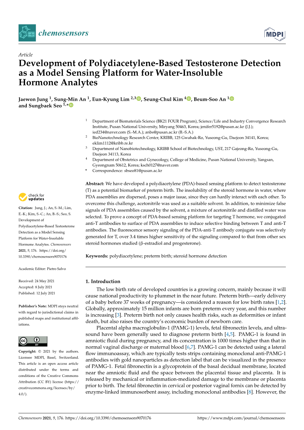 Development of Polydiacetylene-Based Testosterone Detection As a Model Sensing Platform for Water-Insoluble Hormone Analytes