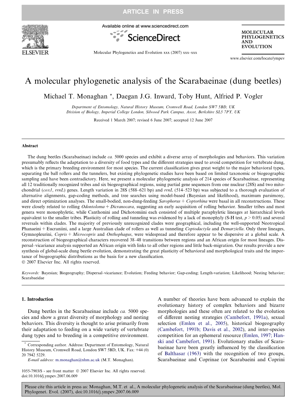 A Molecular Phylogenetic Analysis of the Scarabaeinae (Dung Beetles)