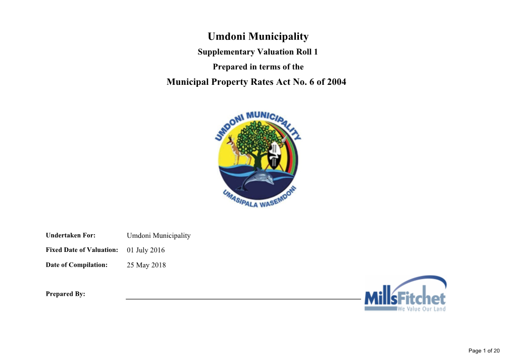 Umdoni Municipality Supplementary Valuation Roll 1 Prepared in Terms of the Municipal Property Rates Act No