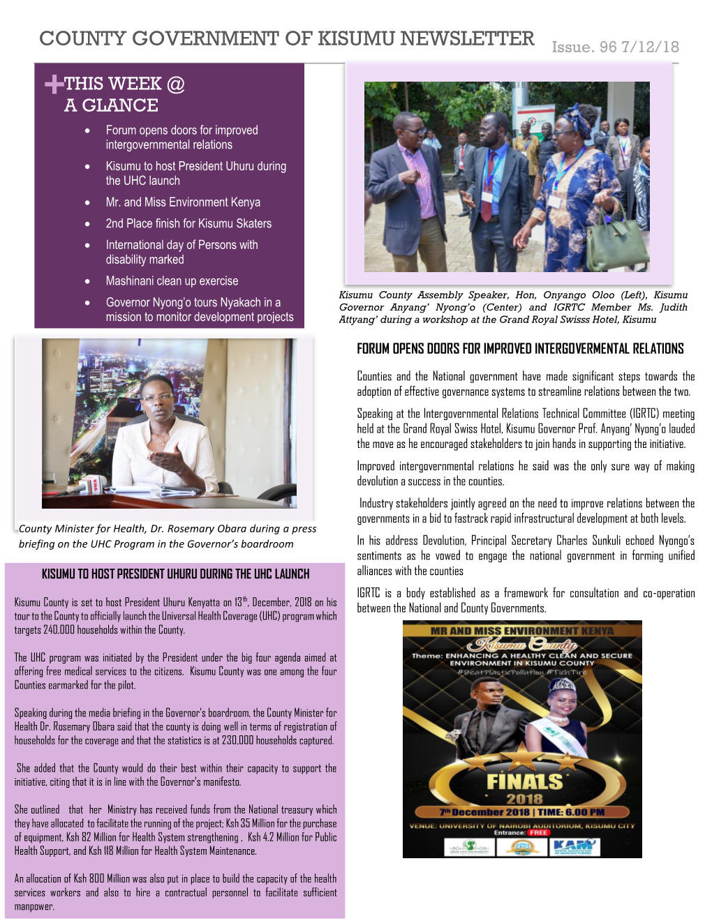 COUNTY GOVERNMENT of KISUMU NEWSLETTER Issue