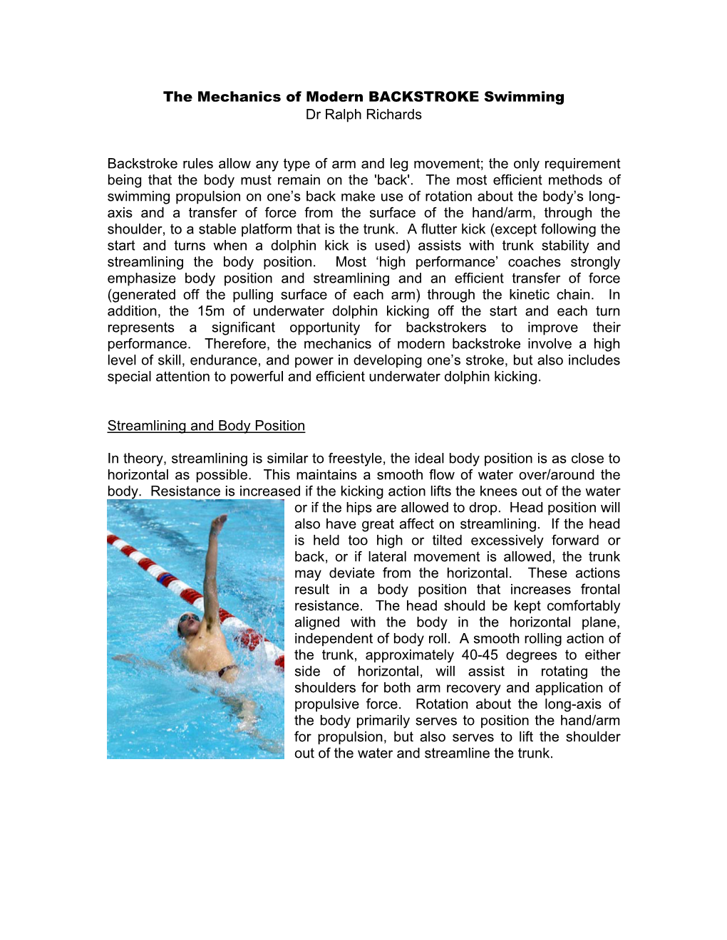 Mechanics of Modern BACKSTROKE Swimming Dr Ralph Richards