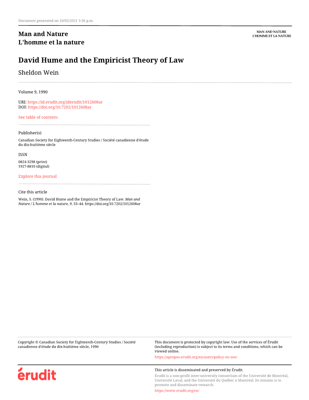 David Hume and the Empiricist Theory of Law Sheldon Wein