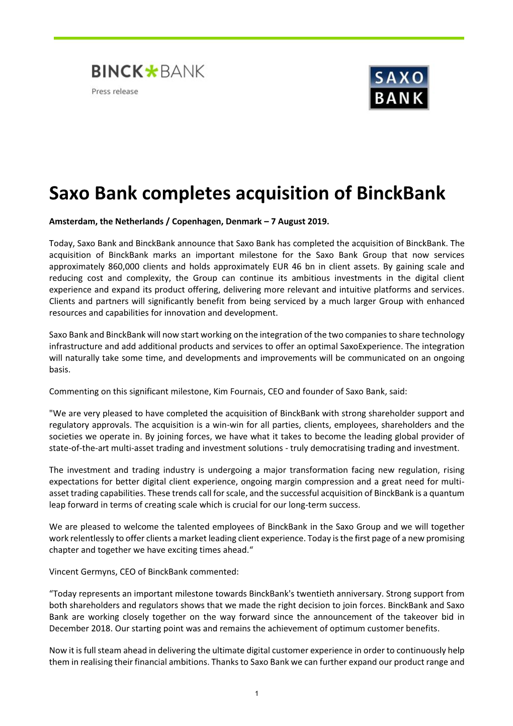 Saxo Bank Completes Acquisition of Binckbank