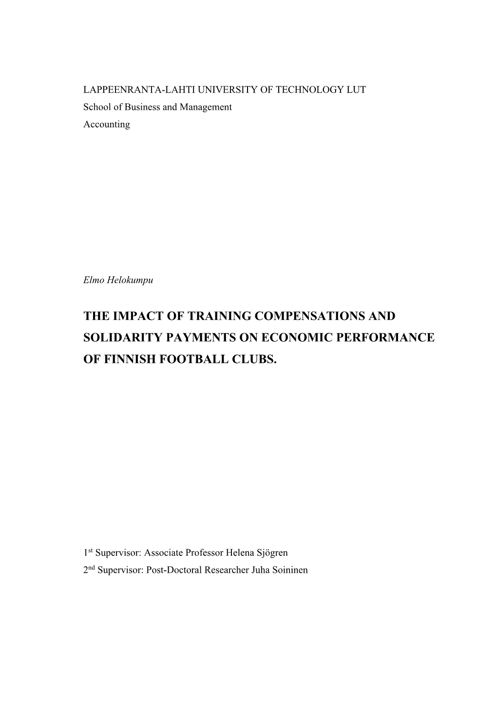 The Impact of Training Compensations and Solidarity Payments on Economic Performance of Finnish Football Clubs