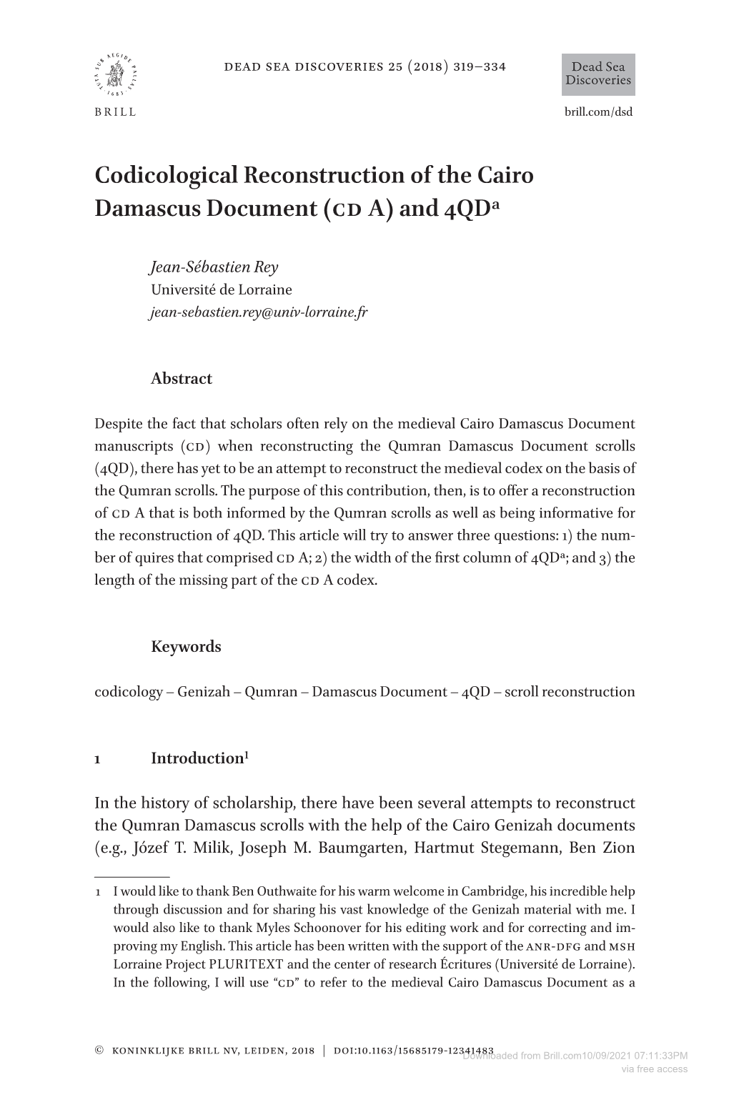 Codicological Reconstruction of the Cairo Damascus Document (CD A) and 4Qda