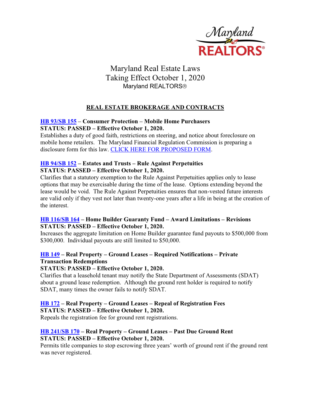 Maryland Real Estate Laws Taking Effect October 1, 2020 Maryland REALTORS