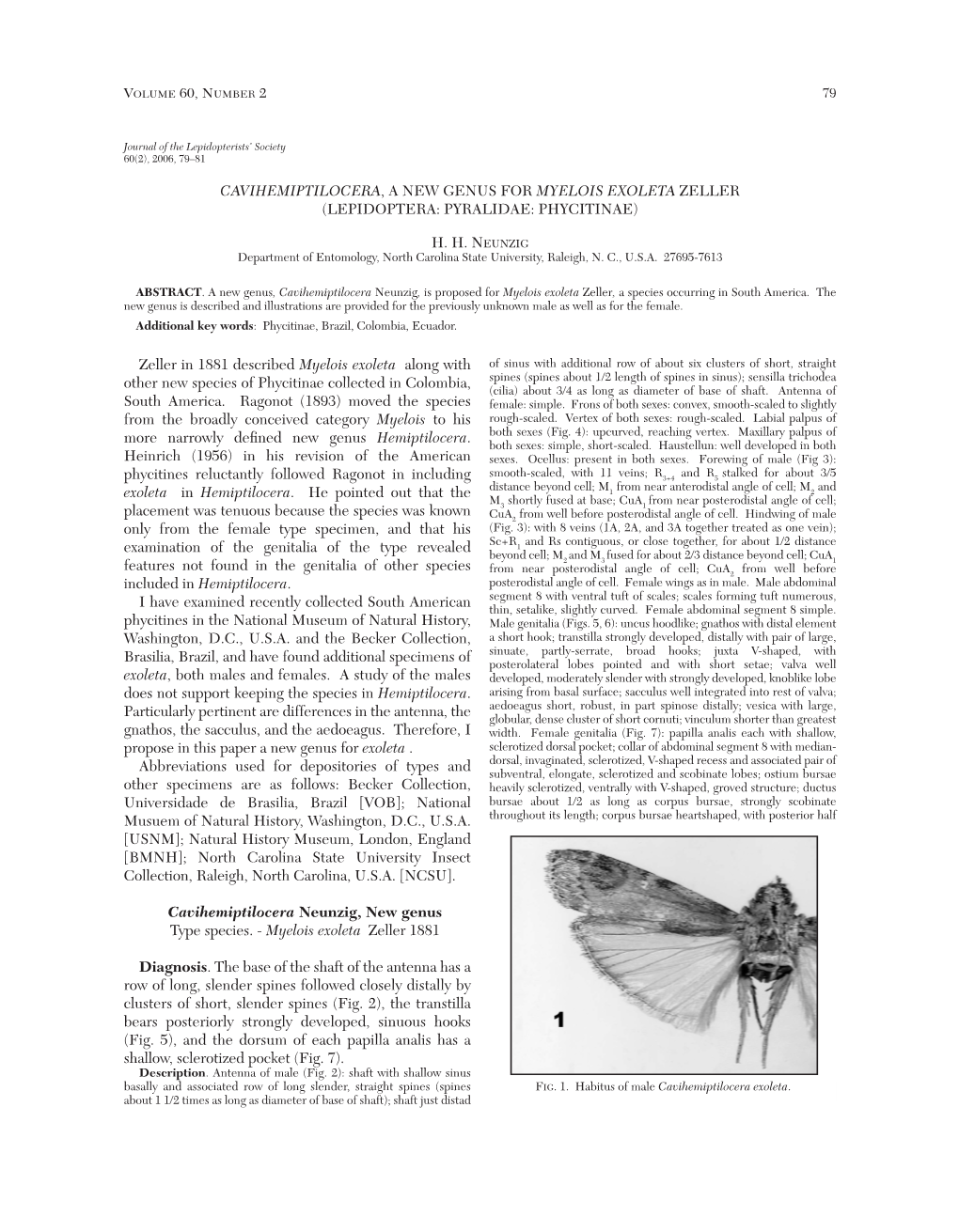Cavihemiptilocera, a New Genus for Myelois Exoleta Zeller (Lepidoptera: Pyralidae: Phycitinae)
