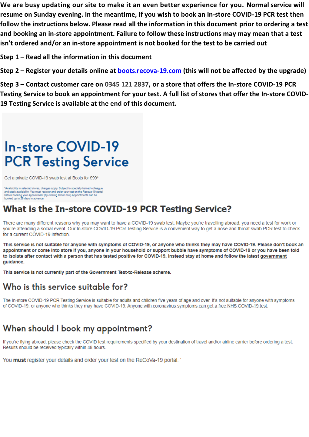 Instore COVID-19 PCR Testing Service Outage Notes 100521B.Pdf