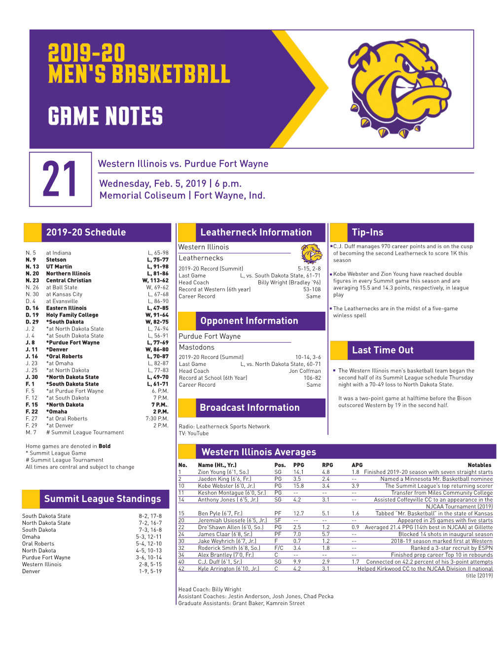 21 Western Illinois Vs. Purdue Fort Wayne Wednesday, Feb. 5, 2019 | 6 P.M. Memorial Coliseum | Fort Wayne, Ind. 2019-20 Sche