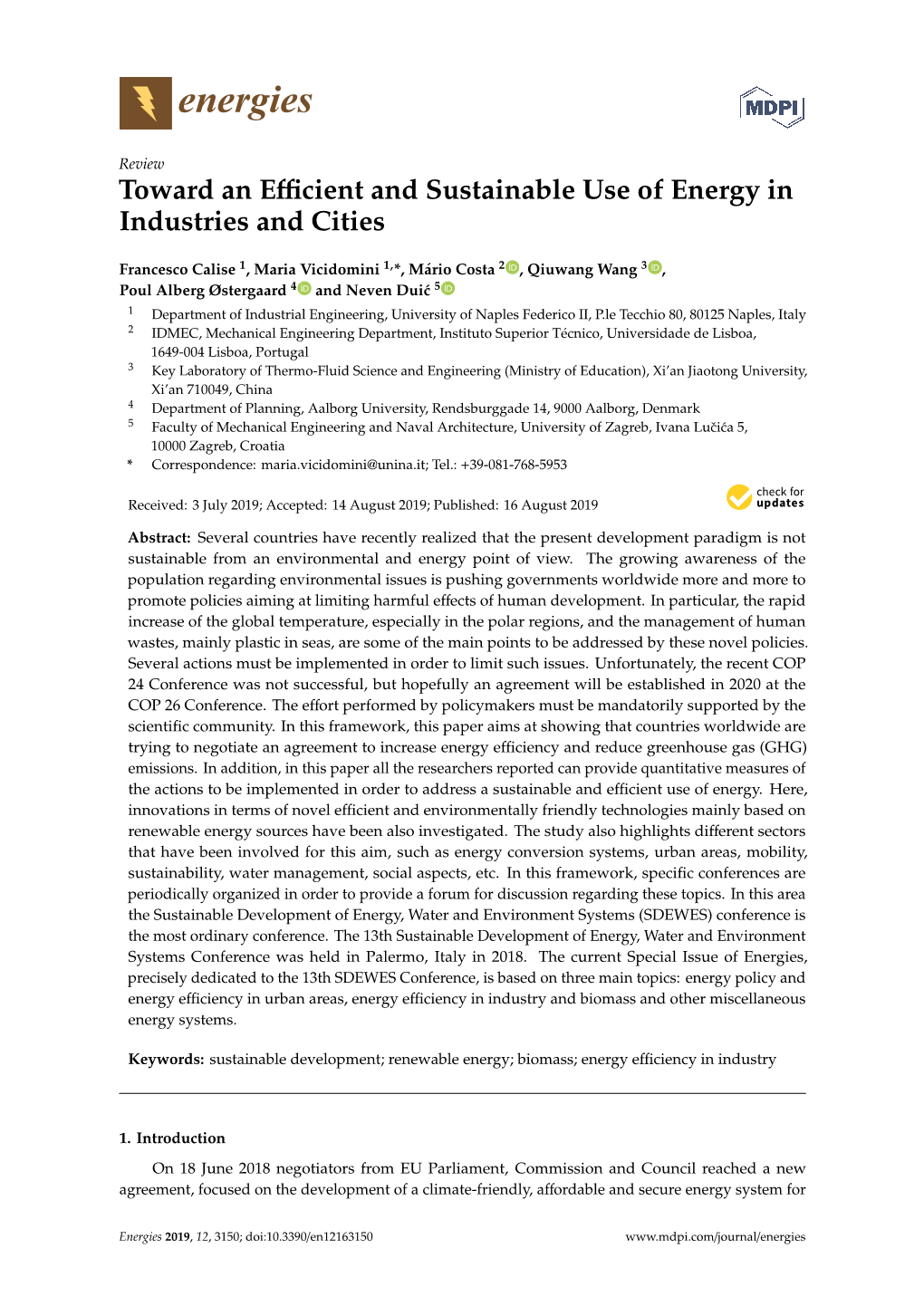 Toward an Efficient and Sustainable Use of Energy in Industries and Cities