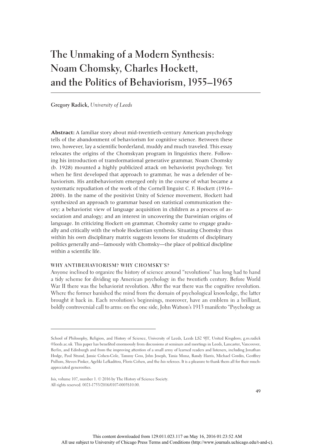 Noam Chomsky, Charles Hockett, and the Politics of Behaviorism, 1955–1965