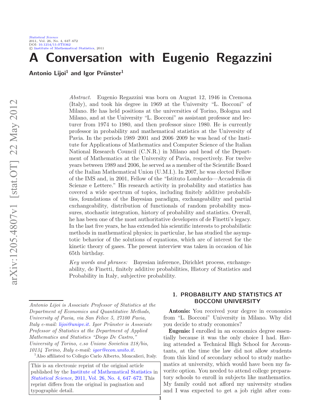 A CONVERSATION with EUGENIO REGAZZINI 3 Prize in Economics in 1985