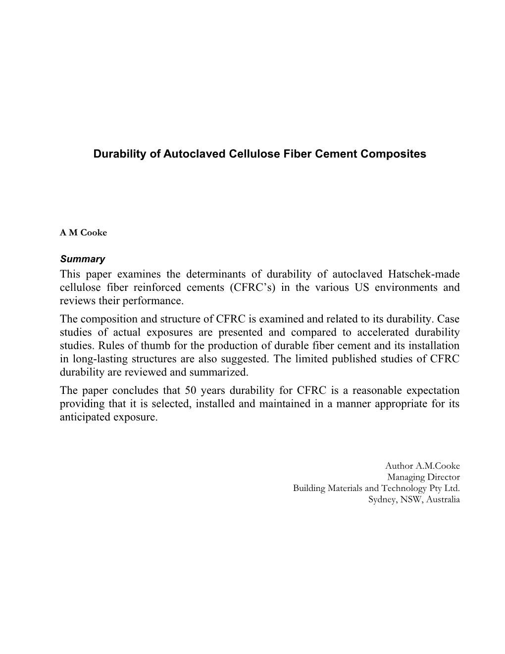 Durability of Autoclaved Cellulose Fiber Cement Composites