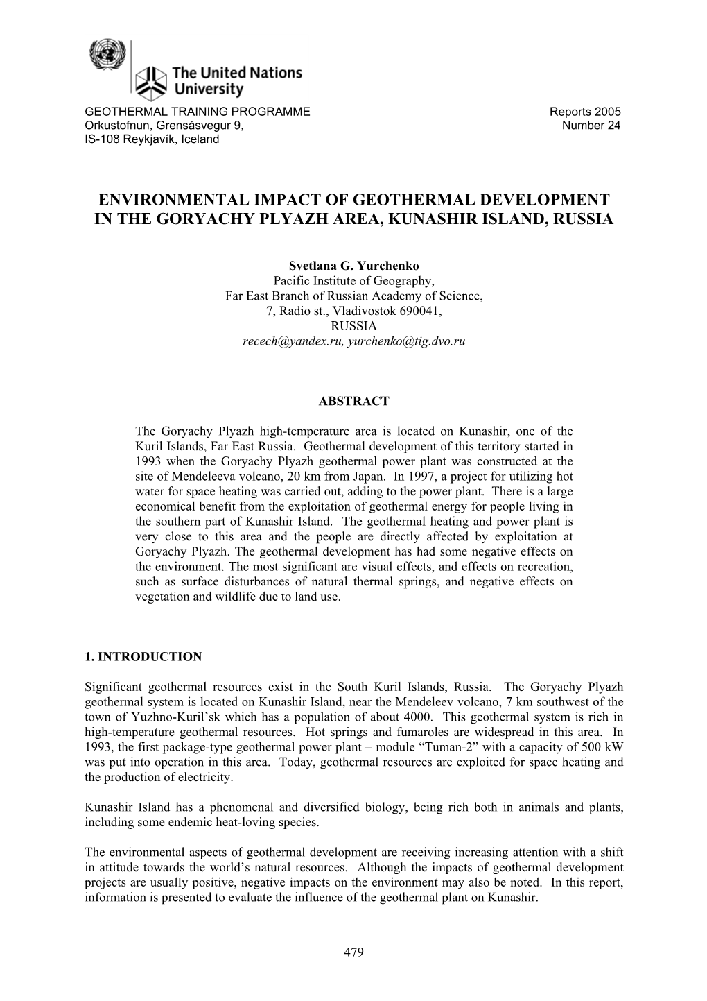 Environmental Impact of Geothermal Development in the Goryachy Plyazh Area, Kunashir Island, Russia